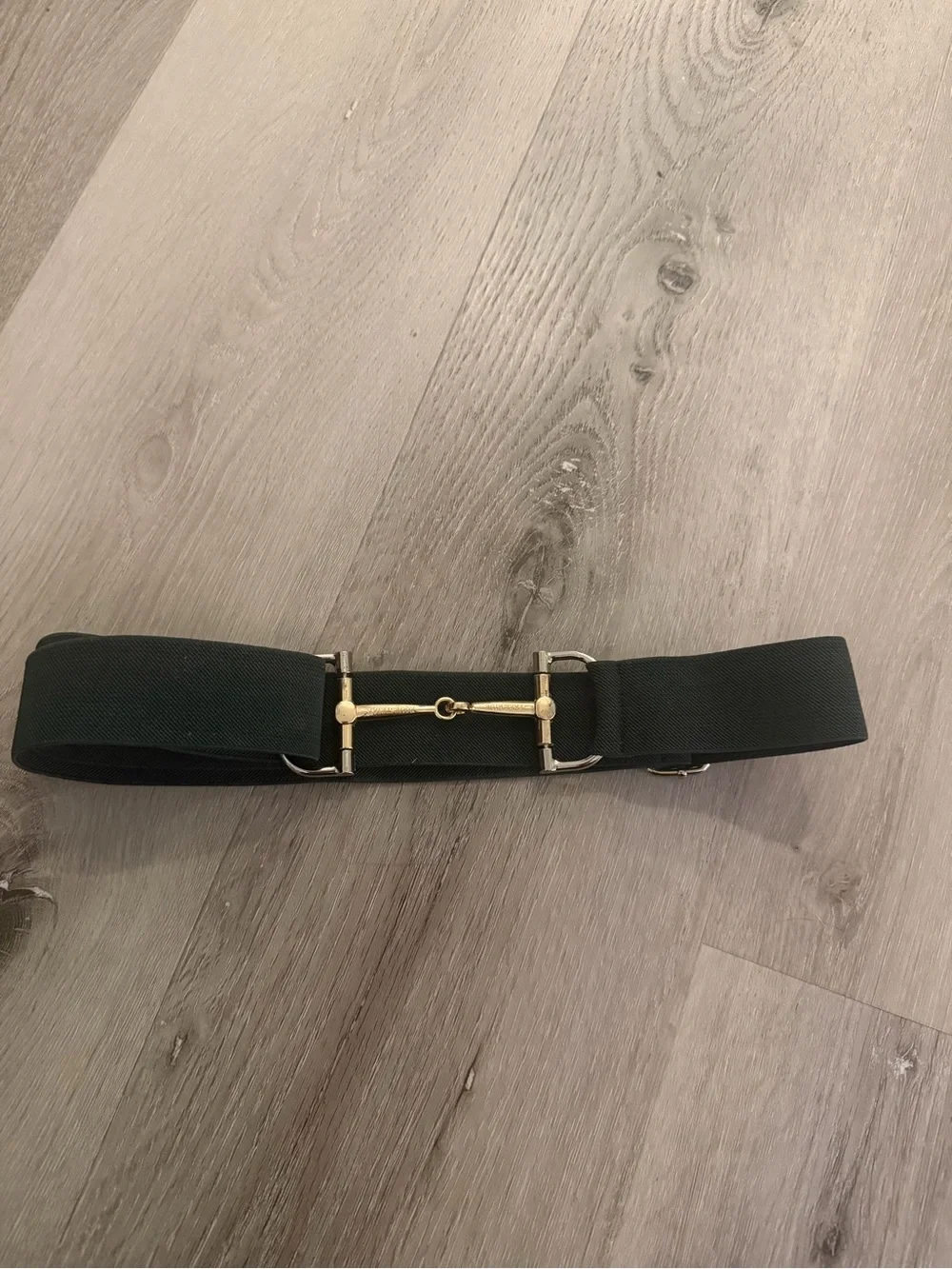 Free Ride Equestrian Hunter Green Elastic Waist Belt with Gold Horsebit Detail